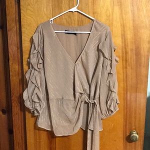 Taupe with gold pin stripe blouse